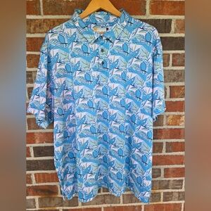 Nicklaus Blue Green Floral Bird Tropical Polo Shirt XXL